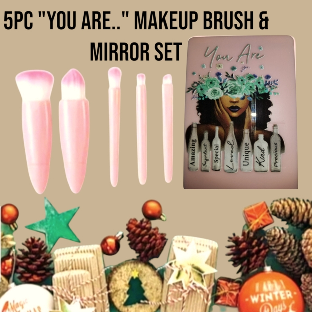 5 Pc Customized Encouraging "You Are" Mini Travel Makeup Brush & Mirror Set -New